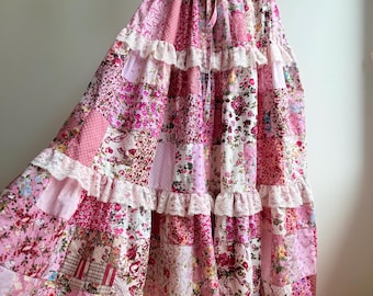Handmade Pink Floral Patchwork Maxi Skirt, Tiered Cotton Lace Trim Cottagecore Clothing