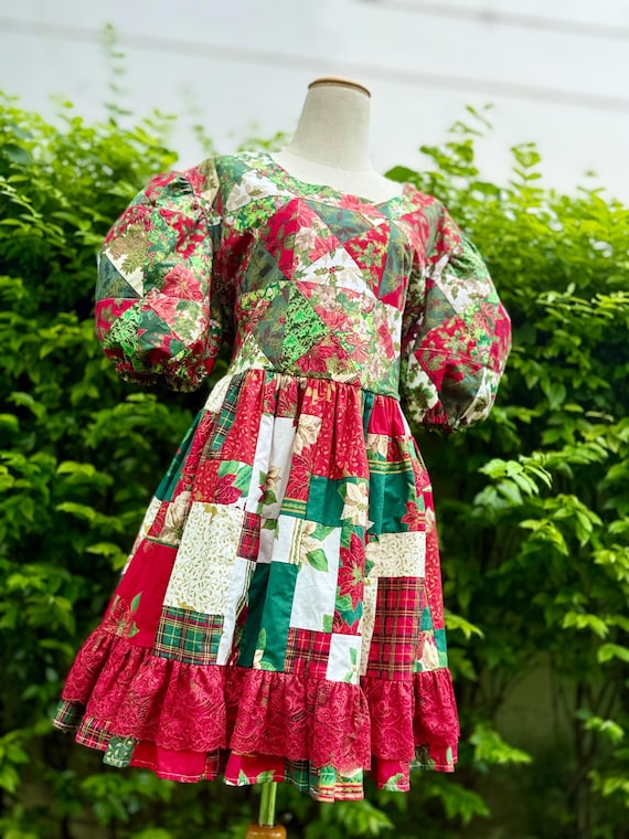 Handmade Christmas Patchwork Dress: Red Lace Hem, Plus Size