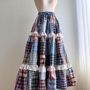 Patchwork Plaid Maxi Skirt with Lace Trim – Handmade Cottagecore Tiered Skirt