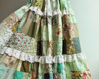 Handmade Green Floral Patchwork Maxi Skirt, Tiered Cotton, Lace Trim, Cottagecore Clothing
