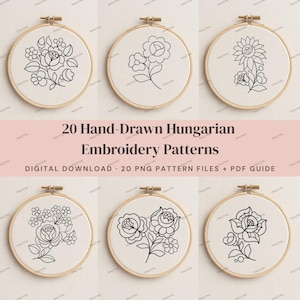 Op de afbeelding: Zes ronde houten borduurringen met witte stof en zwarte lijntekeningen van bloemen. De tekst luidt 20 Hand-Drawn Hungarian Embroidery Patterns, Digital Download, 20 PNG Pattern Files + PDF Guide. Dit zijn patronen voor borduurwerk.