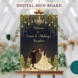 Könnte beinhalten: Eine digitale Anzeigetafel mit dem Text "DIGITAL SIGN BOARD" oben. Das Schild heißt Sonia & Akshay zu ihrem Empfang am 20.10.2025 willkommen. Das Schild hat ein Gold- und Marineblau-Farbschema mit Illustrationen eines Paares.