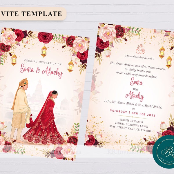 Indische Hochzeit Einladung Vorlage, bearbeitbare Hochzeit Einladungskarte Royal Hindu Hochzeit E Invite, Instant Download, WIT013