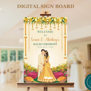 Tablero de letreros Haldi, tablero de bienvenida para la ceremonia Haldi de bodas indias, letrero Holud, tablero de letreros Maiyan con cúrcuma, SBH02