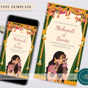 Modelo de convite digital Mehendi, cartão de convite noturno Mendhi, convite dholki, convites para função Mehndi, convites para festa de Henna, FITM01