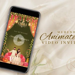 Puede incluir: Una invitación digital para una celebración de Mehndi. La invitación presenta a una pareja con atuendos tradicionales indios, de pie frente a un arco decorado. El texto de la invitación dice "You're invited to Sonu & Akshay's Mehndi".