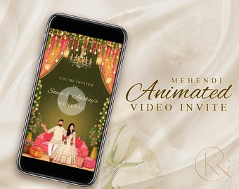 Könnte beinhalten: Eine digitale Einladung zu einer Mehndi-Feier. Die Einladung zeigt ein Paar in traditioneller indischer Kleidung, das vor einem geschmückten Torbogen steht. Der Text auf der Einladung lautet "You're invited to Sonu & Akshay's Mehndi".