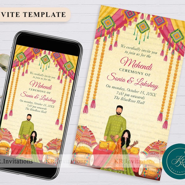 Plantilla editable de invitación para Mehendi: Invitación electrónica colorida para la noche de Dholki (digital)