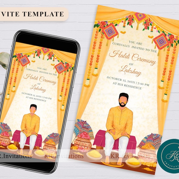 Digital Haldi Invitation card design Indian wedding Haldi Ceremony Groom Pithi Invites or Boy Haldi Invitation, FIH04