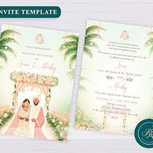 Modelo de convite de casamento indiano para convites de casamento hindus elegantes, convites de casamento digitais editáveis, convites com tema pastel, WIT16