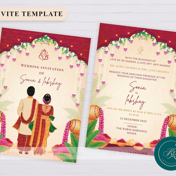 Marathi wedding Invitation card, Indian wedding E-invte template Beautiful maharashtrian wedding card Design, Traditional Designs, WIT14