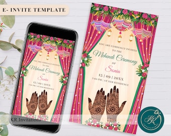 Editable Mehendi Invite as Henna Party Invitation Template, Dholki Night Invitation Template Mehndi Night E-Card template Video Invite,FIM04