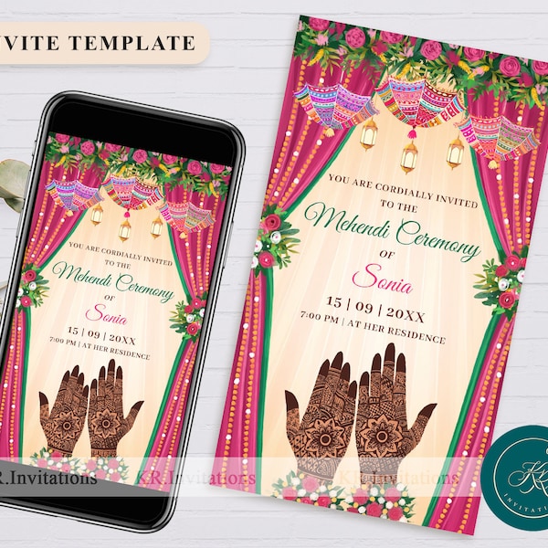 Editable Mehendi Invite as Henna Party Invitation Template, Dholki Night Invitation Template Mehndi Night E-Card template Video Invite,FIM04