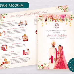 インドの結婚式プログラム テンプレート、編集可能なヒンズー教の結婚式プログラム、結婚式の儀式ガイドとしてのヒンズー教の儀式プログラム ガイド、WP01