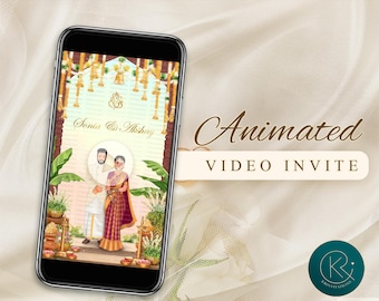 May include: A smartphone displays an animated wedding invitation. The invitation features a couple in traditional Indian attire, surrounded by floral decorations. Text on the screen reads "Sonia & Akshay" and "Animated Video Invite."