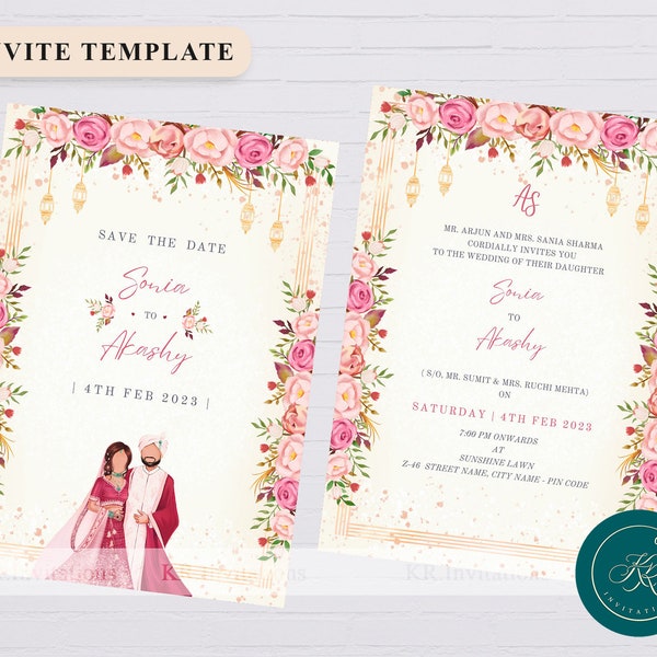 Indian Wedding Invitation template, Digital Indian wedding invites, Hindu wedding invitation, Instant download | WIT03