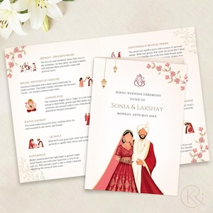 以下が含まれることがあります： ソニアとラクシャイのヒンドゥー教結婚式のガイド。伝統的な衣装を着たカップルのイラストが特徴です。ガイドには、儀式に関する詳細が記載されており、花柄や装飾的な要素が含まれています。