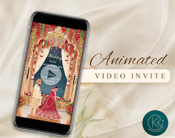 May include: A smartphone displays an animated wedding invitation. The invitation features a couple in traditional attire under a floral arch. Text on the screen includes the word "Wedding" and the date, October 25, 2025. The words "Animated Video Invite" are also displayed.