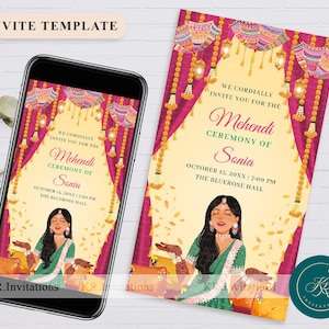 Modelo de convite para cerimônia digital de Mehendi ou cartão de convite eletrônico para noite de Mehendi Convite para festa de casamento indiano com hena Convite eletrônico, FIM05