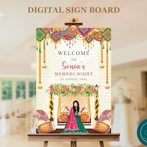 Cartello di benvenuto Mehndi Cartello digitale mehndi dholki Cartello di benvenuto per matrimonio indiano come cartello notturno per l'henné, decorazione per cartello di benvenuto, SBM02