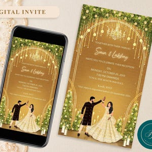 Cartão de convite de recepção Convites digitais elegantes para festa de recepção indiana Convites para recepção de casamento indiano, FIR04