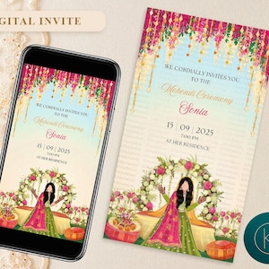 Mehndi-uitnodigingskaart, digitaal bewerkbare Mehendi E-invite bruiloft evenement Mehndi ceremonie uitnodiging sjabloon, bewerkbare uitnodiging, FIM09