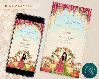 Invitación a la ceremonia de mehndi: Noche de henna verde y rosa (e-invitación editable) (descarga digital) FIM09