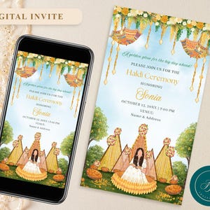 Convite digital Haldi, modelo de convite Pithi, convite para cerimônia de casamento indiano Holud, convite eletrônico editável, FIH04