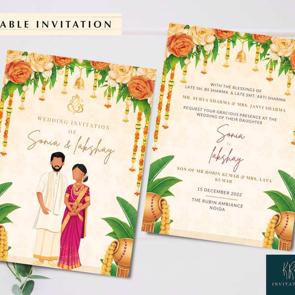 Südindische Hochzeitseinladungskarte Bearbeitbare Hindu-Hochzeitseinladungsvorlage E Invite Telugu Hochzeitseinladungsvorlage, WIT012