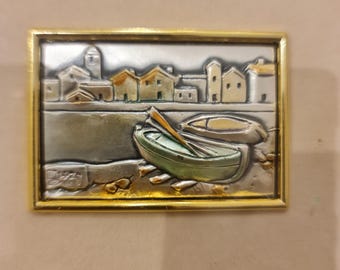 Cuadro/placa pequeña italiana vintage de plata 925 para colgar en la pared.