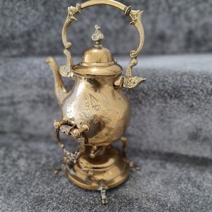 Vintage Brass Teapot With Warmer Stand And Burner