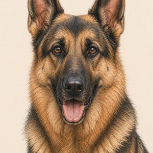 Op de afbeelding: Gedetailleerd portret van een Duitse herdershond. De hond heeft een zwarte snuit, bruine ogen en een roze tong. De vacht is een mix van zwart en bruin, met rechtopstaande oren. De achtergrond is lichtbeige.