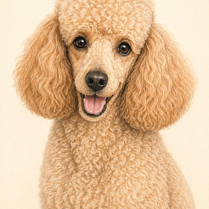 May include: A detailed illustration of a standard poodle with a light brown, curly coat. The dog has dark eyes, a black nose, and a pink tongue visible in its open mouth, giving it a happy expression. The background is a soft, off-white color.