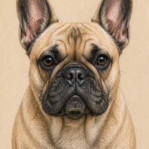 May include: A detailed portrait of a French Bulldog. The dog has a tan coat with black markings on its muzzle and ears. Its brown eyes are focused, and the background is a solid tan color.