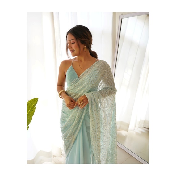 Buy Blue Viscose Chanderi Silk Embroidered N Zari Work Saree Party Wear  Online at Best Price | Cbazaar