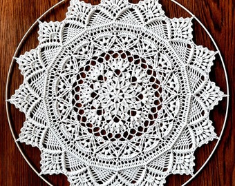 May include: White crochet doily with a delicate floral pattern, displayed on a circular metal hoop.