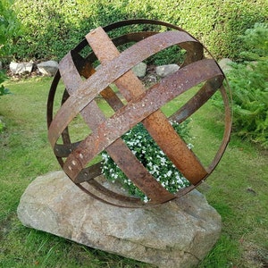 UK Rustic Garden double banded sphere, decoration orb, globe, ball sculpture reclaimed genuine whisky barrel bands approx 57cm diameter