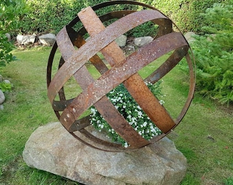 UK Rustic Garden double banded sphere, decoration orb, globe, ball sculpture reclaimed genuine whisky barrel bands approx 57cm diameter