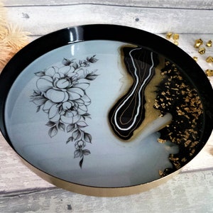 Round metal serving tray resin gold black white flower motive