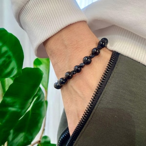 Real Black Agate Gemstone Bracelet,Agate Stretch Bracelet,Beaded Agate Bracelet,Birthstone Bracelet,Hematite Bracelet,Adjustable Bracelet,