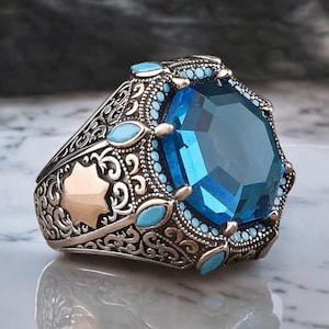 Anel masculino de prata esterlina com pedra preciosa de água-marinha: turco feito à mão