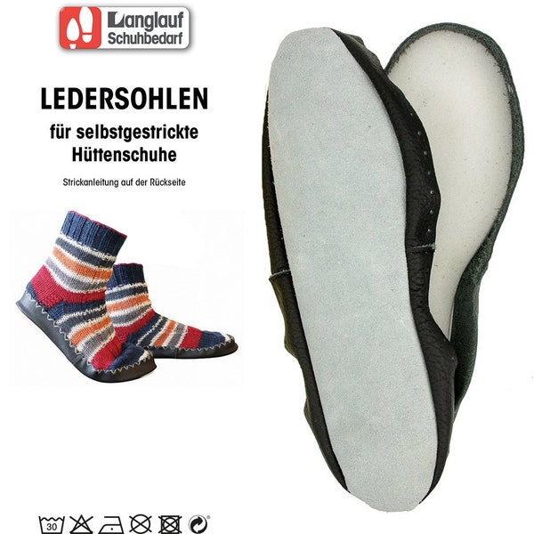 Hüttenschuhsohlen mit Lammwolleinlage incl Strickanleitung Echtleder Sohlen