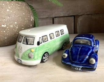 Vintage Cerámica VW Camper & Beetle Cerámica Cruet Set Sal Pimienta Verde Azul