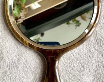 Coiffeuse vintage antique en bakélite écaille de tortue en verre biseauté avec miroir