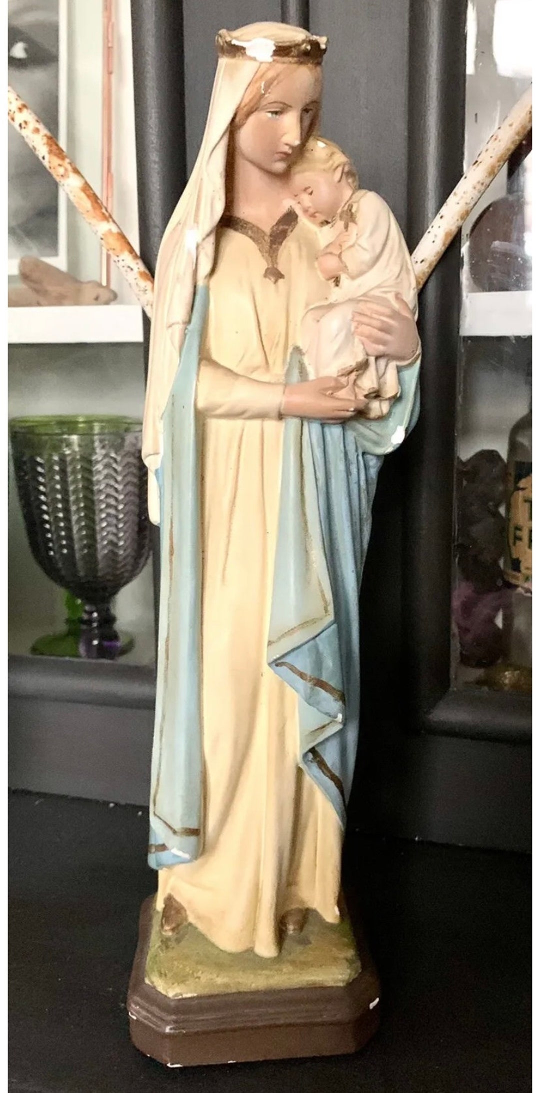 Beautiful Antique European Mary and Child Jesus Plaster Chapel Statue ...