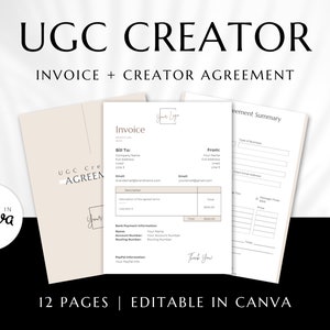 Puede incluir: Un conjunto de documentos beige y blancos, incluyendo una factura y un acuerdo de creador, con el texto "UGC CREATOR" y "INVOICE + CREATOR AGREEMENT". Los documentos están etiquetados como "MADE IN CANVA" y "12 PAGES | EDITABLE IN CANVA."