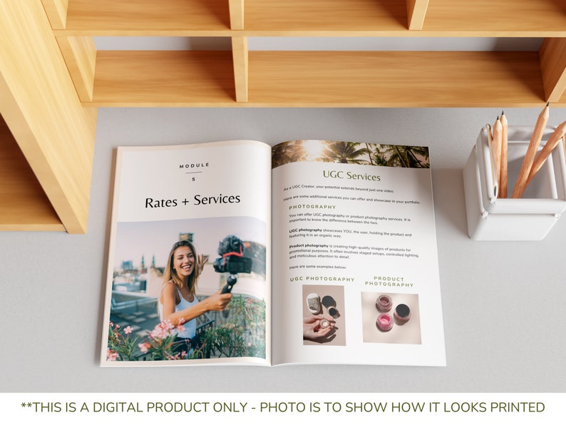 May include: A digital product guide with the title "Module 5 Rates + Services" and a section titled "UGC Services". The guide includes information about photography services, including product photography and UGC photography. The guide also includes images of small jars of product.