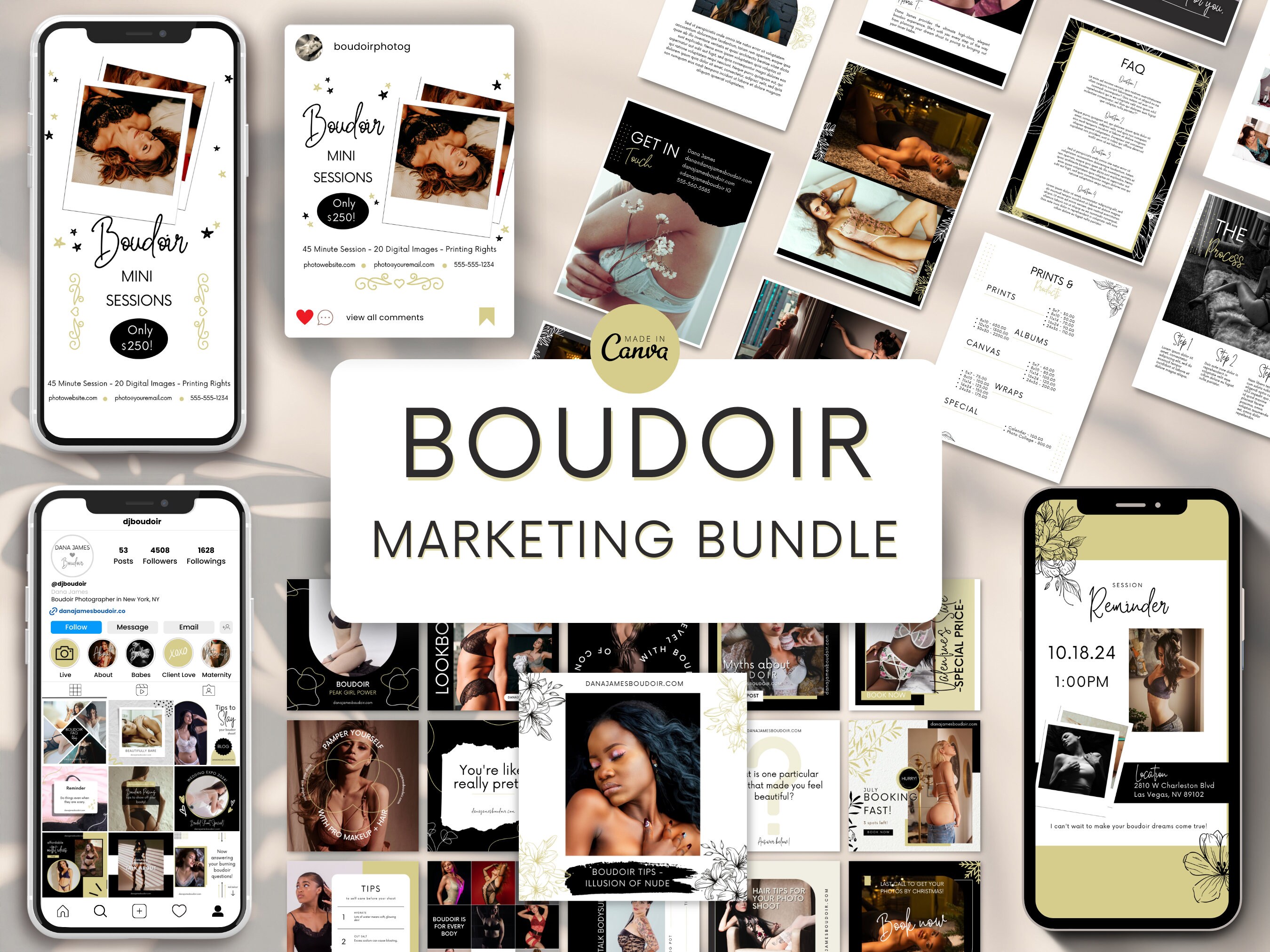 Boudoir Template BUNDLE für Canva - Fotografen Marketing - 200 IG Posts, Stories, Welcome Guide, Print Marketing Boudoir Instagram Content