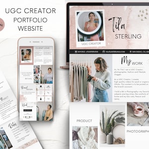May include: A website mockup for a UGC creator named Tila Sterling. The website features a pink and gold color scheme with a watercolor background. The website includes information about Tila's services, rates, and work. The website also includes a photo of Tila taking a photo with a camera.