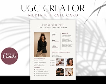 UGC Creator Rate Card Media Kit Template for Canva - Influencer Media Kit PDF - UGC Canva Template, Pricing List, Resume for Content Creator